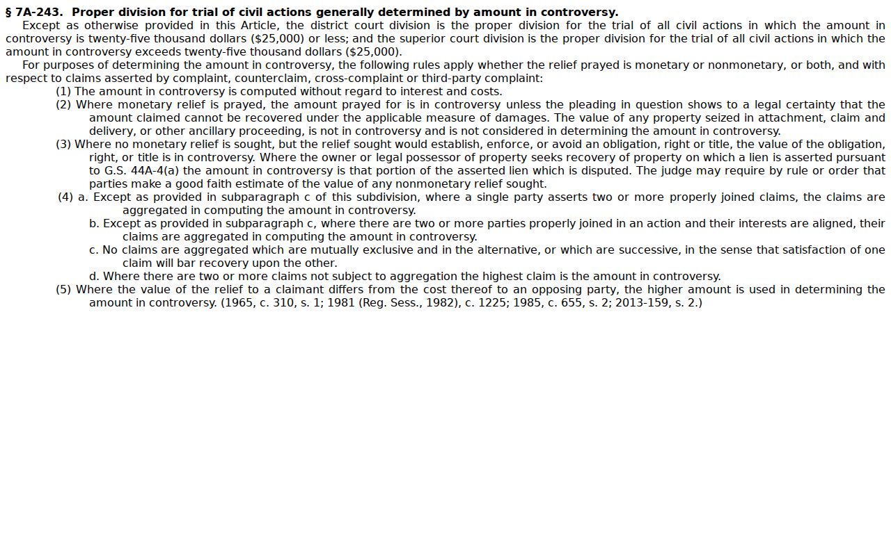 North Carolina civil jurisdiction statute showing the $25,000 line relevant to Warren civil dockets