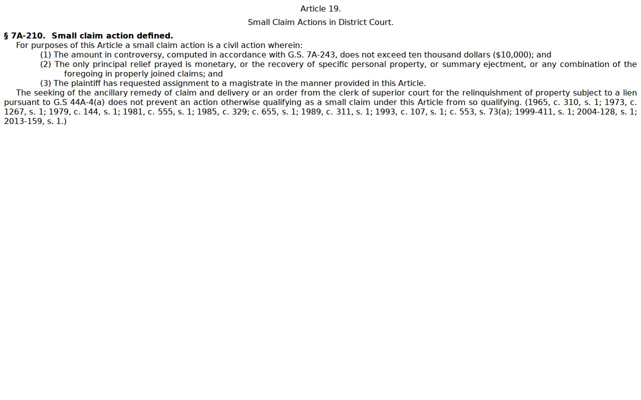 North Carolina small claims jurisdiction statute showing the $10,000 limit for Warren magistrate matters