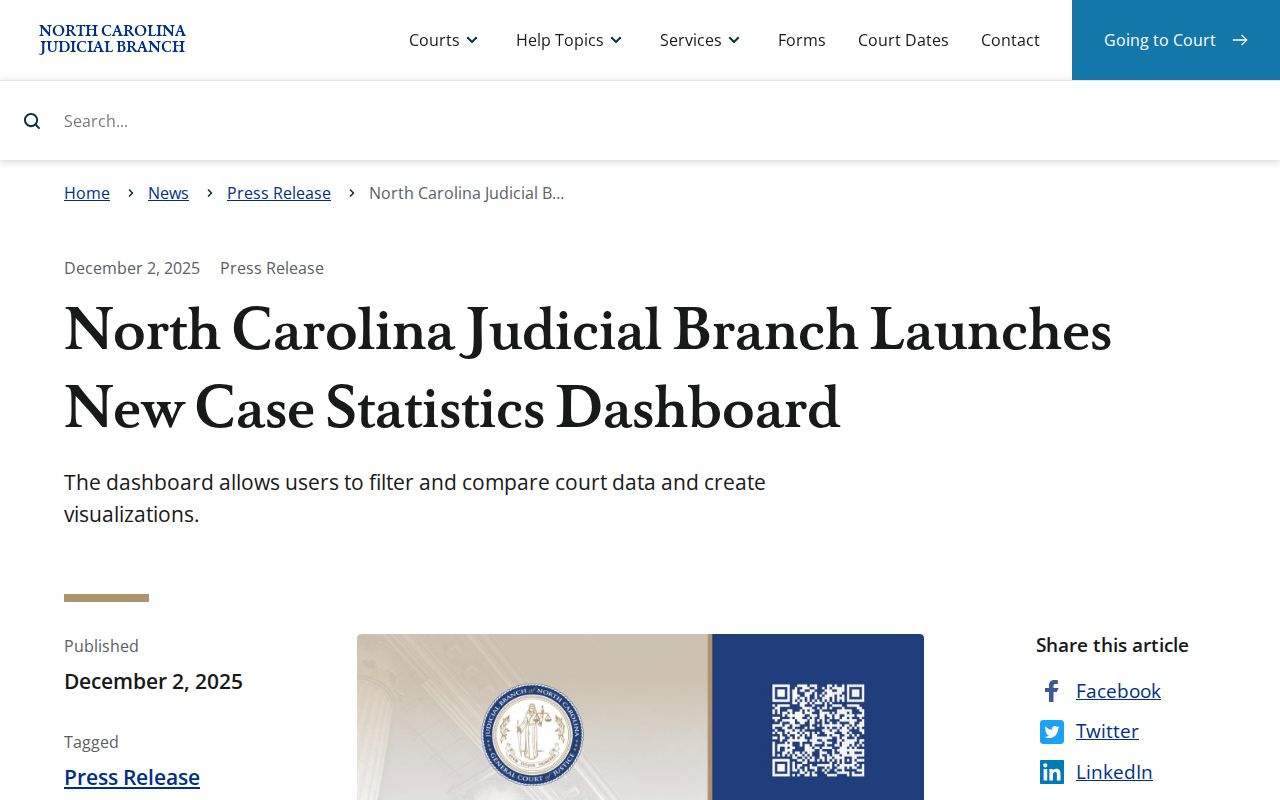 North Carolina Judicial Branch case statistics dashboard announcement for Warren civil docket data