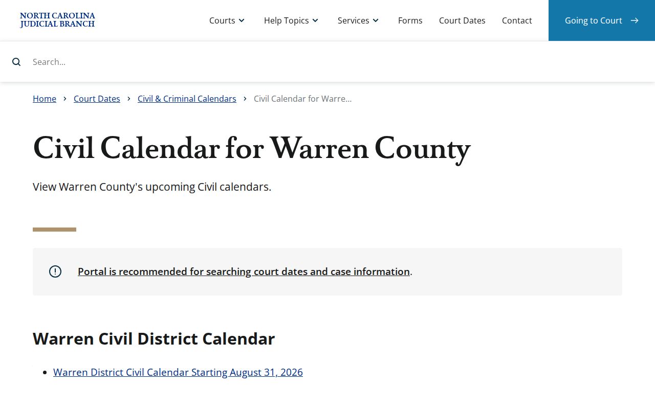 Warren County court calendar official civil calendar route