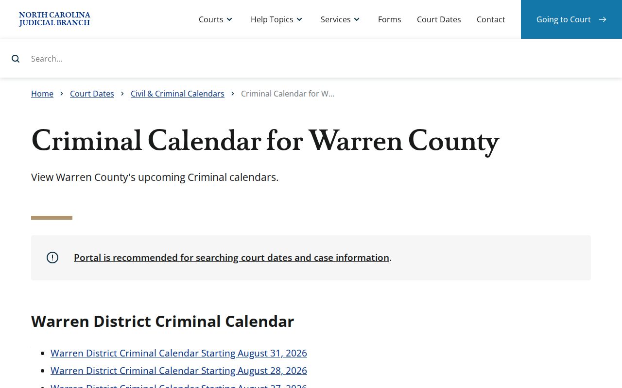 Warren County court calendar official criminal calendar route