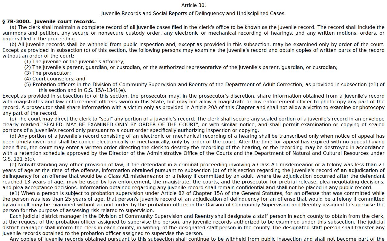 North Carolina juvenile court record confidentiality rule relevant to Warren criminal docket access