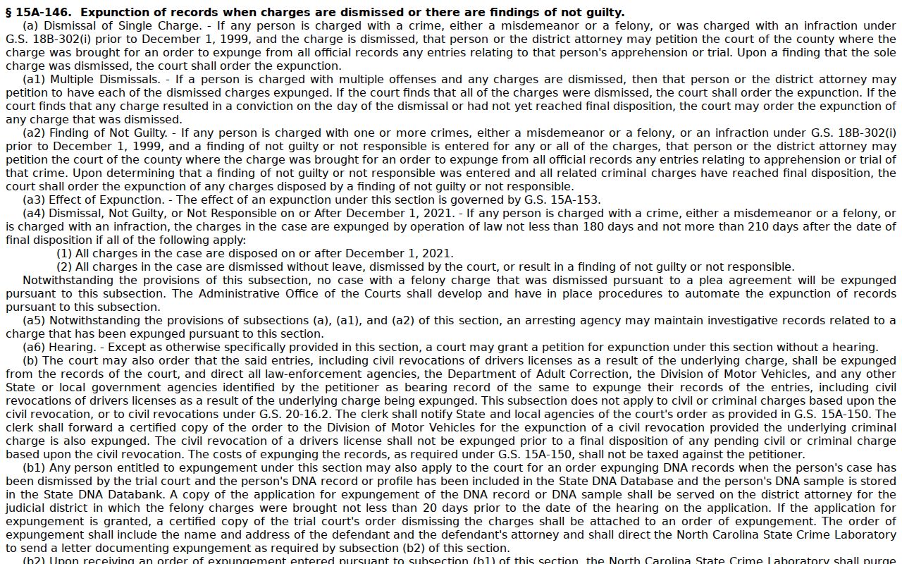 North Carolina expunction statute for dismissed or not-guilty criminal records affecting Warren docket access