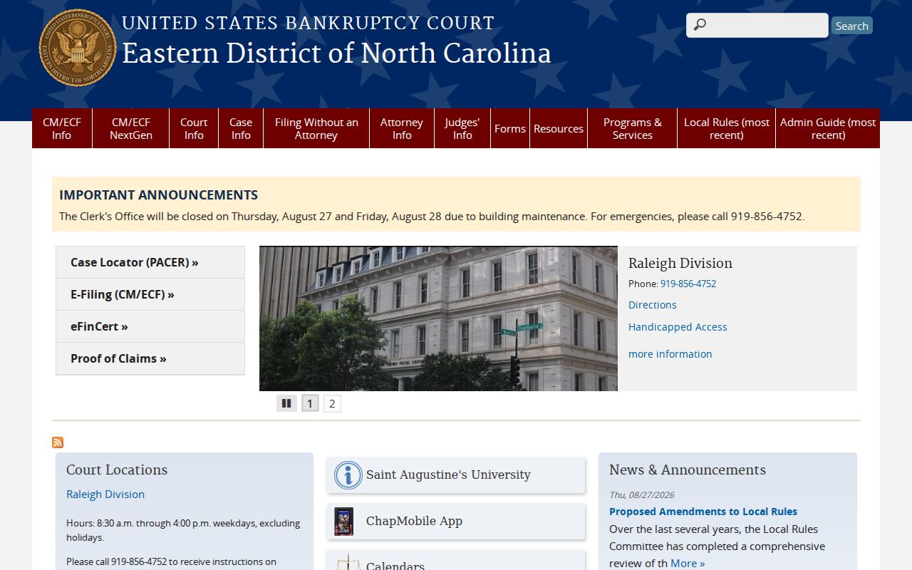 Warren County court docket Eastern District North Carolina bankruptcy court access