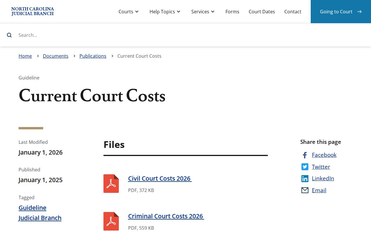 Macon court docket image of the current North Carolina Judicial Branch court costs page