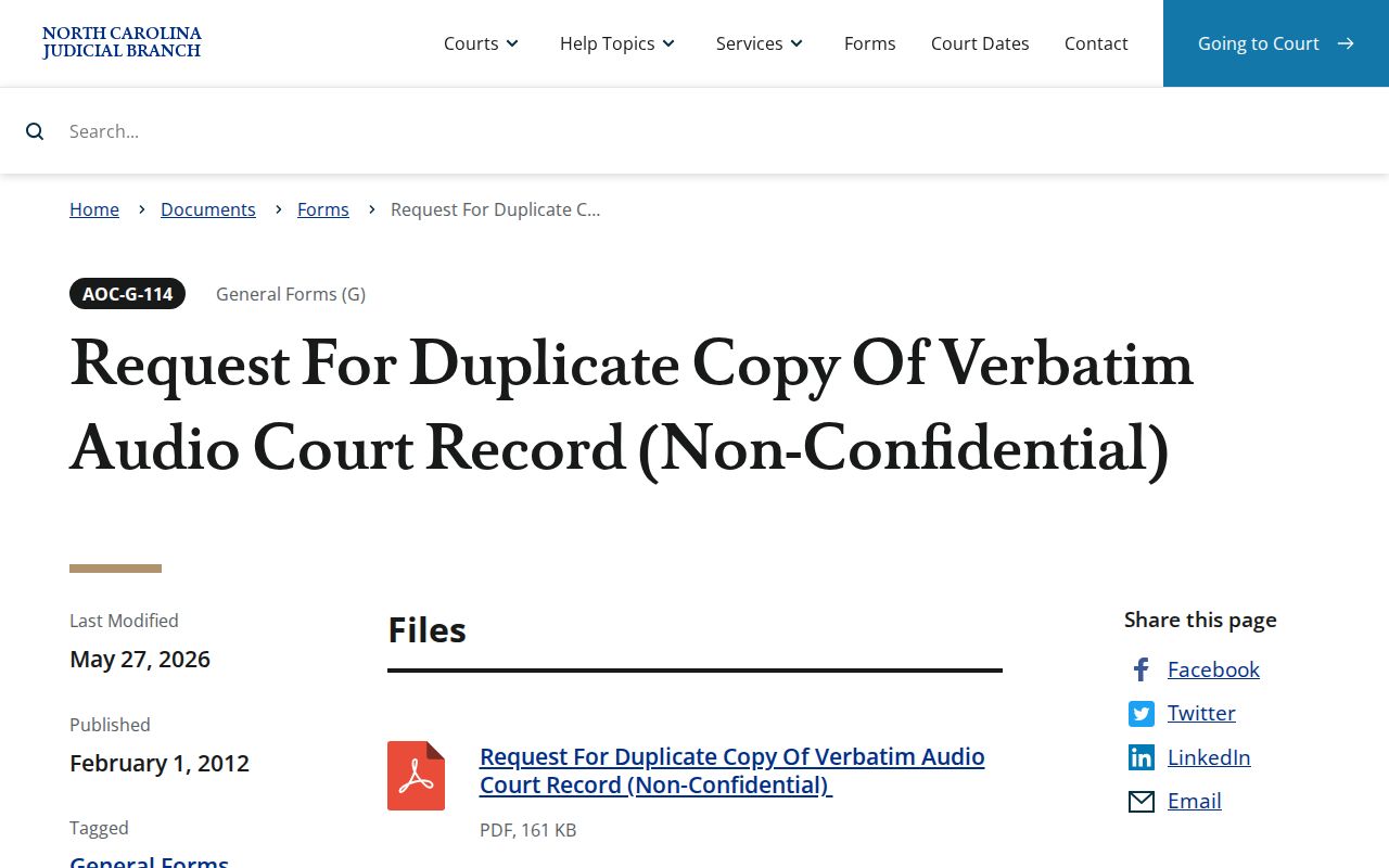 Macon court docket image of AOC-G-114 non-confidential hearing audio request form