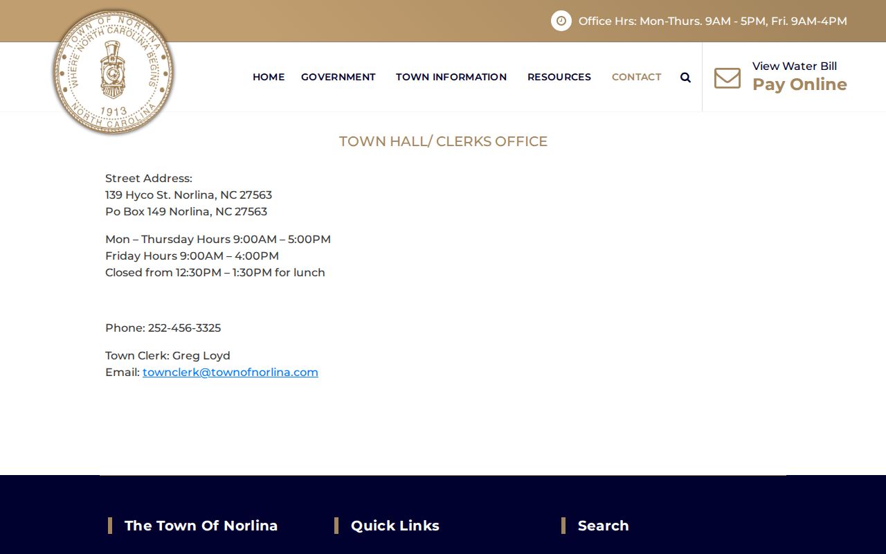 Norlina court docket municipal context from the official Town of Norlina contact page
